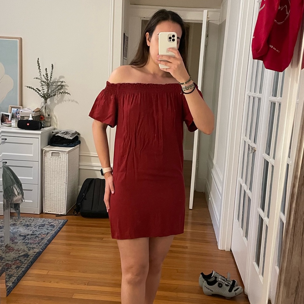 Deep red off the shoulder dress